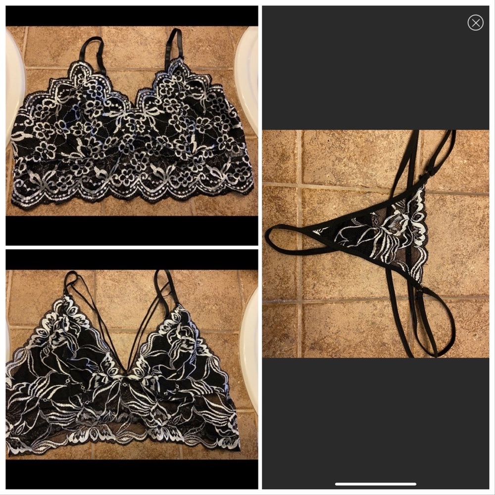 SHEIN Black and White Floral Lace Bralette Set